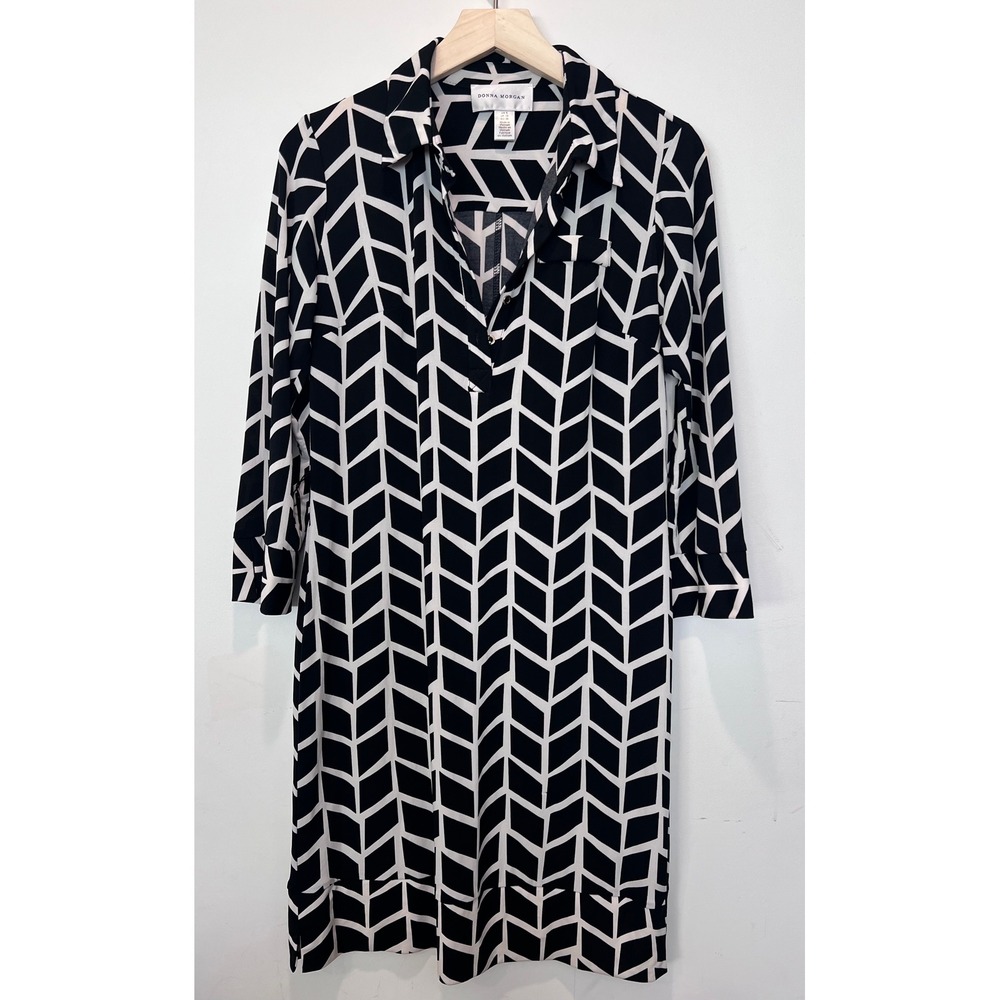 Donna Morgan Black White Geometric Print Long Sleeve Dress - Size 6‎